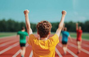 Runner celebrating at a track race