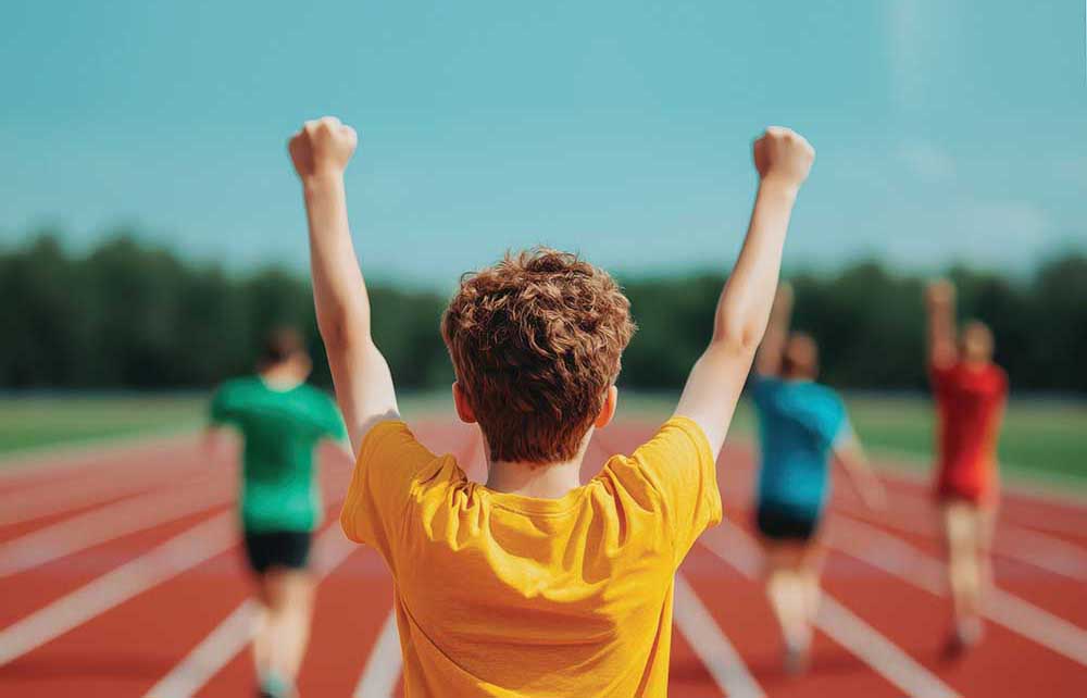 Runner celebrating at a track race