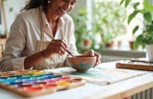 Older woman painting a landscape at home